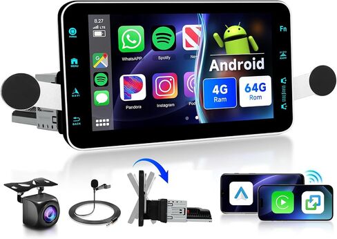 4G+64G Andriod Single Din 9-Inch Touchscreen Car Stereo with Wireless Carplay Android Auto, Car Radio Rotatable Screen 1 Din Bluetooth Mirror Link GPS WiFi, FM/RDS EQ with Backup Camera+Phone Holder in Saudi Arabia