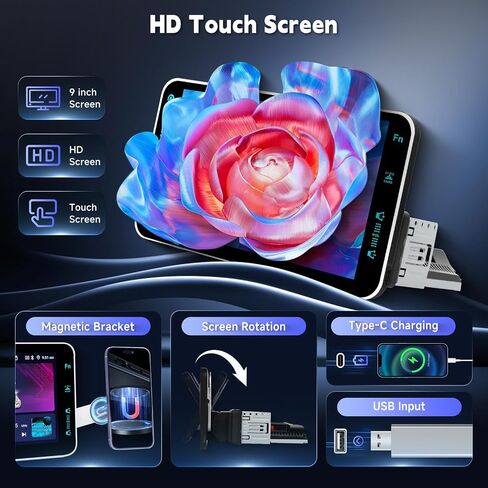 4G+64G Andriod Single Din 9-Inch Touchscreen Car Stereo with Wireless Carplay Android Auto, Car Radio Rotatable Screen 1 Din Bluetooth Mirror Link GPS WiFi, FM/RDS EQ with Backup Camera+Phone Holder in Saudi Arabia