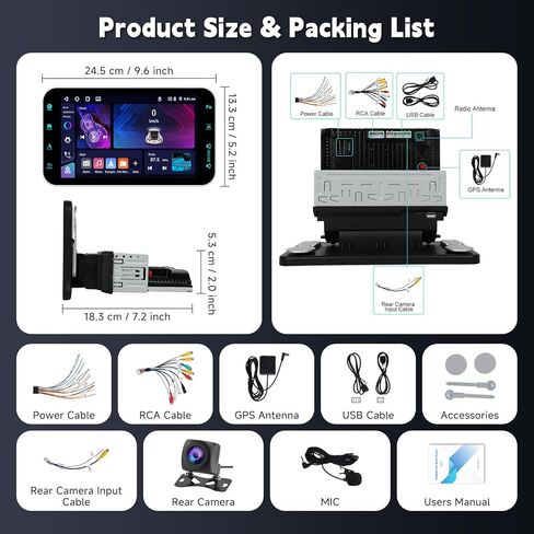4G+64G Andriod Single Din 9-Inch Touchscreen Car Stereo with Wireless Carplay Android Auto, Car Radio Rotatable Screen 1 Din Bluetooth Mirror Link GPS WiFi, FM/RDS EQ with Backup Camera+Phone Holder in Saudi Arabia