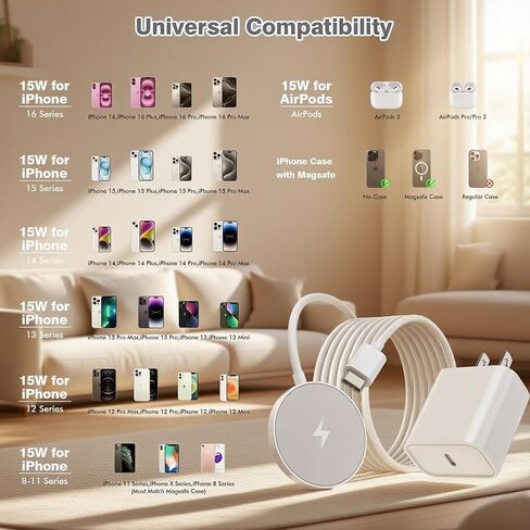 Mag_Safe Magnetic Wireless Charger for iPhone 16 15, Fast Charging for Apple MagSafe Charger 15W 6ft Wireless Pad Cable & USB C Block Adapter for iPhone 16/16 Pro/Pro Max/15/14/13/12/Plus/16Pro 2Pack in Saudi Arabia