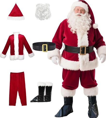 AMHSCOCA Santa Costume Christmas 9Pcs Santa Claus Costumes for Men with Beard Hat Boots Gloves Santa Suit Set in Kuwait