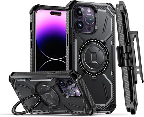 Magnetic Ring Holder for iPhone 15 Case with Belt Clip Holster [Compatible with MagSafe][Invisible Kickstand] Heavy Duty Hard Shockproof Armor Protector Case, Black in Kuwait