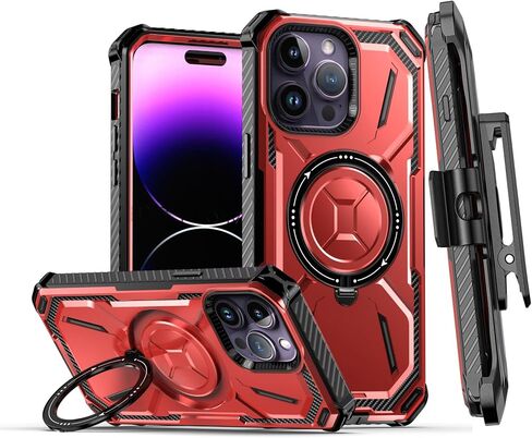 Magnetic Ring Holder for iPhone 15 Case with Belt Clip Holster [Compatible with MagSafe][Invisible Kickstand] Heavy Duty Hard Shockproof Armor Protector Case, Black in Kuwait