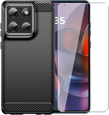 for Motorola Moto G Stylus 2025 Case with HD Screen Protector, Upgraded Non-Slip Shock-Absorption Flexible TPU Carbon Fiber Bumper Soft Rubber Protective Phone Case Cover (Black) in Saudi Arabia
