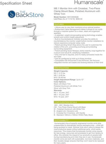 Humanscale M8.1 Adjustable Dual Monitor Arm with Crossbar - Two Piece Clamp Mount - Silver M81CMSB2G in Kuwait
