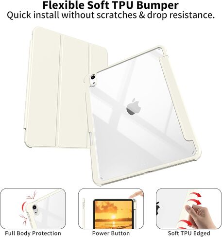 لـ iPad (A16) الجيل الحادي عشر 11 بوصة 2025/10 جيل 10.9 بوصة 2022 العلبة مع حامل القلم الرصاص ، iPad Hybrid 11 10 مع ظهر واضح ، يدعم Auto Wake/Sleep ، Cream White in Kuwait