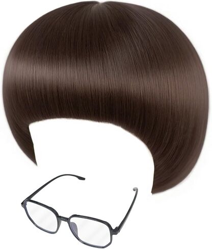 Anogol Hair Cap + Short Black Bowl Cut Wig Mushroom Wigs with Bangs for Men Boys Women Funny Wigs for Movie Halloween Cosplay Costume Party in Saudi Arabia