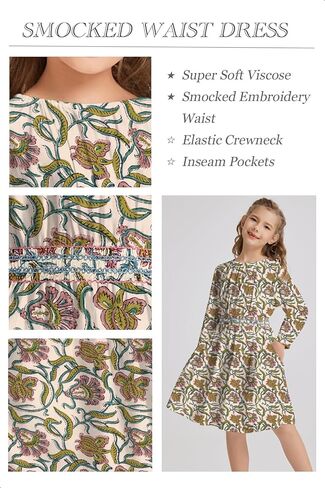 tiny sugar Girls Floral Smocked Waist Dress Church Holiday Playwear Soft Midi Dress with Pockets in Kuwait
