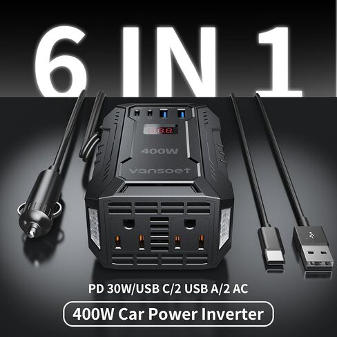 400W Car Power Inverter DC 12V to 110V AC Inverter with PD 30W/15W+2*USB A Ports & 2 AC Outlets for Laptop/Phone/Road Trip in Kuwait