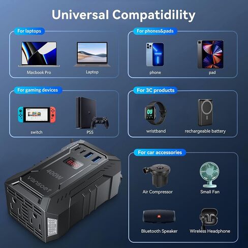 400W Car Power Inverter DC 12V to 110V AC Inverter with PD 30W/15W+2*USB A Ports & 2 AC Outlets for Laptop/Phone/Road Trip in Kuwait