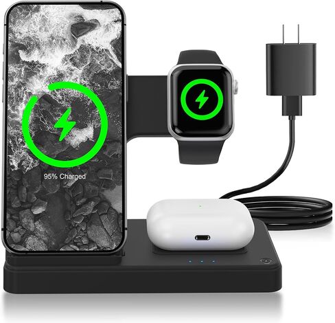 شاحن محطة الشحن اللاسلكي لـ iPhone: 3 في 1 حامل لاسلكي أجهزة متعددة متوافقة مع Apple iPhone 16 15 14 Pro Max 13 12 11 Watch 10 9 8 7 6 5 4 3 2 SE و Ultra for AirPods 4 3 2 Pro in Kuwait