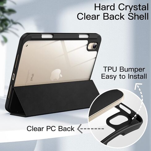 JETech Case for iPad mini (A17 Pro, 2024 Model, 7th Generation) / mini 6 (2021 Model, 6th Generation) with Pencil Holder, Clear Back Shell Stand Shockproof Tablet Cover, Auto Wake/Sleep (Black) in Kuwait