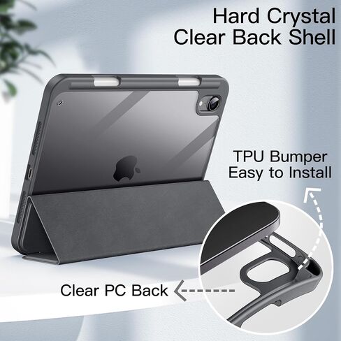 حالة Jetech لـ iPad Mini (A17 Pro ، 2024 Model ، الجيل السابع) / Mini 6 (طراز 2021 ، الجيل السادس) مع حامل قلم رصاص ، وغطاء قرص صدمي قذيفة صافٍ ، و Wake / Sleep (أسود) in Kuwait