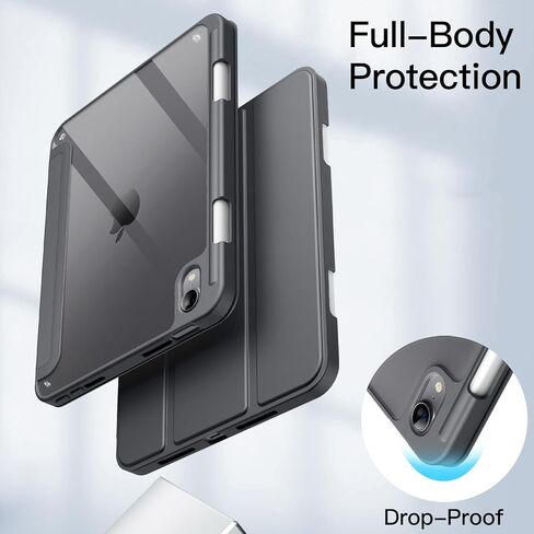 حالة Jetech لـ iPad Mini (A17 Pro ، 2024 Model ، الجيل السابع) / Mini 6 (طراز 2021 ، الجيل السادس) مع حامل قلم رصاص ، وغطاء قرص صدمي قذيفة صافٍ ، و Wake / Sleep (أسود) in Kuwait
