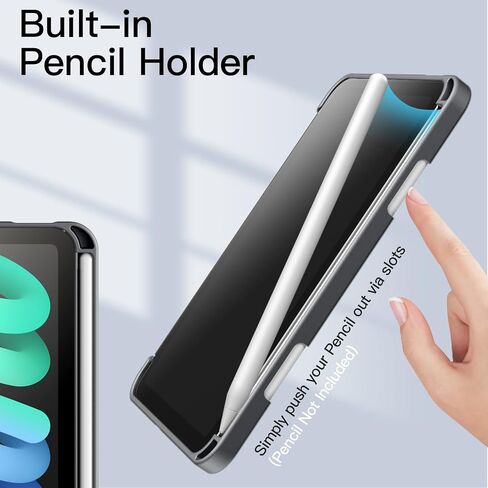 حالة Jetech لـ iPad Mini (A17 Pro ، 2024 Model ، الجيل السابع) / Mini 6 (طراز 2021 ، الجيل السادس) مع حامل قلم رصاص ، وغطاء قرص صدمي قذيفة صافٍ ، و Wake / Sleep (أسود) in Kuwait
