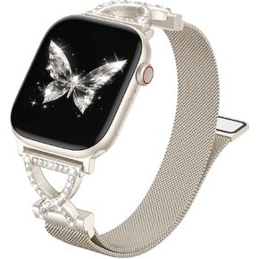 JKD Slim Metal Band Compatible with Apple Watch Bands for Women 40mm 42mm 46mm 44mm 45mm 41mm 38mm 49mm, Diamond X-Shape Stainless Steel Magnetic Strap for iWatch SE Series 10/9/8/7/6/5/4/3/2/1/Ultra in Saudi Arabia
