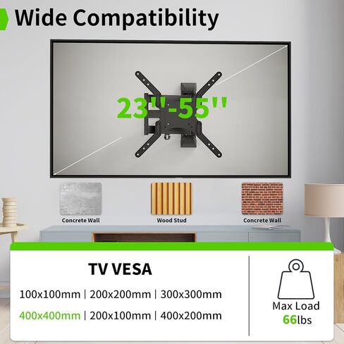 Black Full Motion TV Wall Mount for 23" to 55" TVs, TV Bracket Wall Mount with Articulating Arms, Fit Up to 66lbs & VESA 400x400 in Saudi Arabia