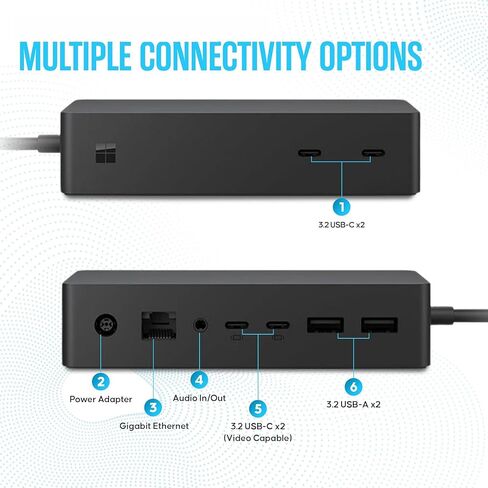 Microsoft Surface Dock 2 ، 9-in-1 محطة الإرساء مع إمدادات الطاقة MAX 199W ، شاشة عرض مزدوجة 4K ، Ethernet ، 4x USB-C ، Surface Pro 8 9 × 10 11 (متجدد) in Saudi Arabia
