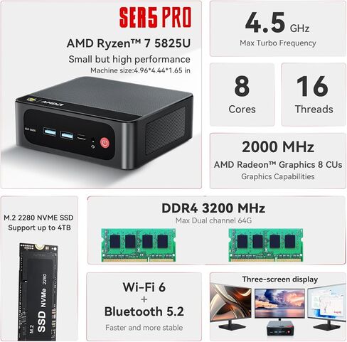 Beelink Ser5 Pro Mini PC ، AMD Ryzen 7 5825U (7nm ، 8c/16t) حتى 4.5 جيجا هرتز ، كمبيوتر ميني 32GB DDR4 RAM 1TB NVME SSD ، Micro PC 4K@60Hz عرض WIFI6/BT5.2/HTPC/HOME/OFFICE in Kuwait