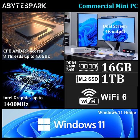 Mini PC ، AMD Ryzen 7،16GB RAM ، 1TB M.2 SSD (حتى 4.0 جيجا هرتز) ، أجهزة كمبيوتر سطح المكتب المصغرة للألعاب ، PC Micro ، يدعم 4K 60Hz HDMI VGA USB × 6 مناسبة للأعمال التجارية ، المنزل ، Office صغير الكمبيوتر الشخصي in Kuwait