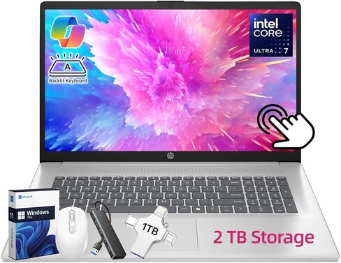 HP 17 بوصة الشاشة التي تعمل باللمس المحمول ، 17.3 "مضاد لـ Glare HD+ TOUCSCREEN ، Intel Ultra 7 255U ، NPU مدمج ، 64 جيجابايت DDR5 ، 2 تيرابايت SSD ، لوحة المفاتيح الخلفية ، COPILOT AI ، Bluetooth 5.4 ، Windows 11 Pro ، Accessories in Kuwait