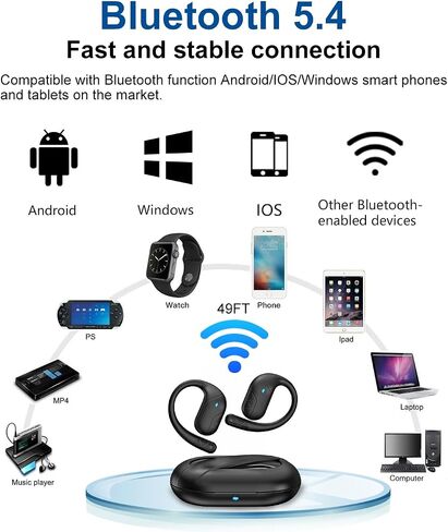 Open Ear Headphones, Bluetooth Headphones V5.4 Wireless Sport Earbuds with Charging Case, IP54 Waterproof 50H Playtime Lightweight Design Fit for Cycling, Running, Walking, Workout in Saudi Arabia