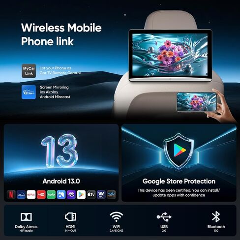 10.8inch Android Portable Car TV Headrest Monitor Tablet for Cars Back seat Support Phone Wireless mirroring Touchscreen with WiFi/Bluetooth/HDMI/USB/Video Player (CPad-108) in Kuwait