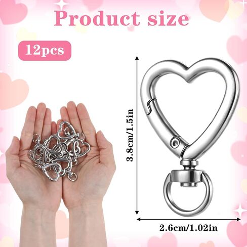 12Pcs Metal Heart Keychain Clip, Heart Carabiner for Keys, Cute Spring Snap Clasp Hook, Key Ring for Camping Hiking Fishing Traveling Purses Backpack Water Bottle Key Chain Silver in Saudi Arabia