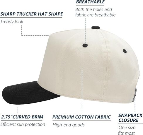 Vintage Trendy Trucker Hat, Structured 5-Panel Snapback Hat, Adjustable Cotton Solid or 2-Tone Baseball Cap Men Women in Kuwait