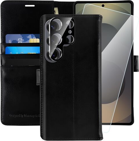 MONASAY Wallet Case Fit for Samsung Galaxy S25 5G, [Lens & Glass Screen Protector Included] [RFID Blocking] Flip Folio Leather Cell Phone Cover with Credit Card Holder, 6.2 inch, Black in Saudi Arabia