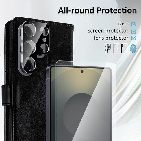 MONASAY Wallet Case Fit for Samsung Galaxy S25 5G, [Lens & Glass Screen Protector Included] [RFID Blocking] Flip Folio Leather Cell Phone Cover with Credit Card Holder, 6.2 inch, Black in Saudi Arabia
