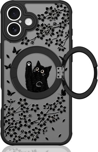 Cute Case for iPhone 14 Case with Stand [ Compatible with MagSafe ] Kawaii Black Cat & Floral & Butterflies Pattern Design 360 Magnetic Ring Kickstand Phone Cover for Women Girls Boys in Kuwait