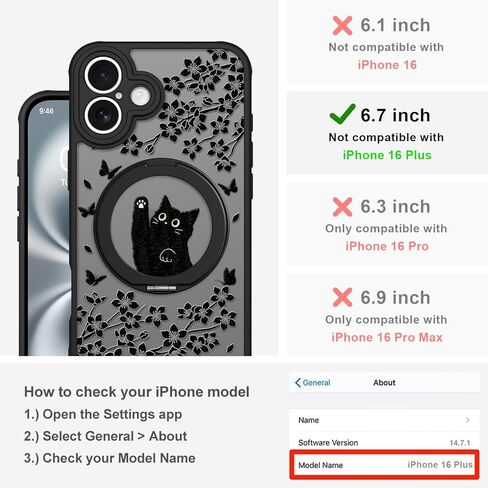 Cute Case for iPhone 14 Case with Stand [ Compatible with MagSafe ] Kawaii Black Cat & Floral & Butterflies Pattern Design 360 Magnetic Ring Kickstand Phone Cover for Women Girls Boys in Kuwait