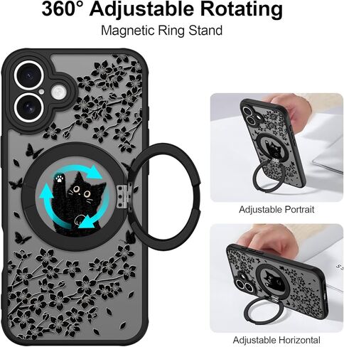 Cute Case for iPhone 14 Case with Stand [ Compatible with MagSafe ] Kawaii Black Cat & Floral & Butterflies Pattern Design 360 Magnetic Ring Kickstand Phone Cover for Women Girls Boys in Kuwait