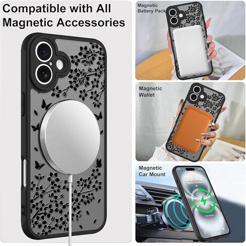 Cute Case for iPhone 14 Case with Stand [ Compatible with MagSafe ] Kawaii Black Cat & Floral & Butterflies Pattern Design 360 Magnetic Ring Kickstand Phone Cover for Women Girls Boys in Kuwait