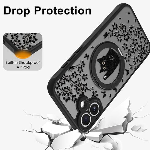 Cute Case for iPhone 14 Case with Stand [ Compatible with MagSafe ] Kawaii Black Cat & Floral & Butterflies Pattern Design 360 Magnetic Ring Kickstand Phone Cover for Women Girls Boys in Kuwait
