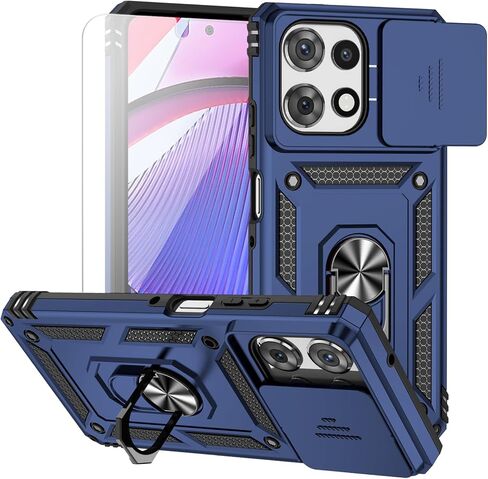 for Moto G Power 2025 Case, with Camera Lens Cover Screen Protector, Dual Layer Military-Grade Drop Tested Magnetic Ring Holder Kickstand Protective Phone Case for Moto G Power 2025 (Navy Blue) in Kuwait