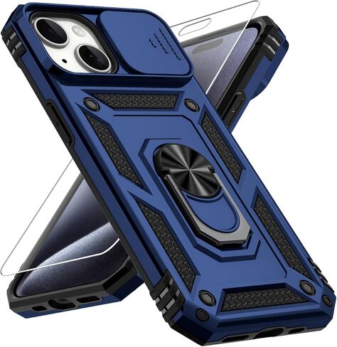 for iPhone 15 Plus Case, Slide Lens Cover, HD Screen Protector, Military Grade Drop Protection, Magnetic Rotated Ring Holder Kickstand Protective Phone Case (Navy Blue) in Saudi Arabia