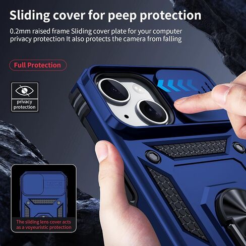 for iPhone 15 Plus Case, Slide Lens Cover, HD Screen Protector, Military Grade Drop Protection, Magnetic Rotated Ring Holder Kickstand Protective Phone Case (Navy Blue) in Saudi Arabia