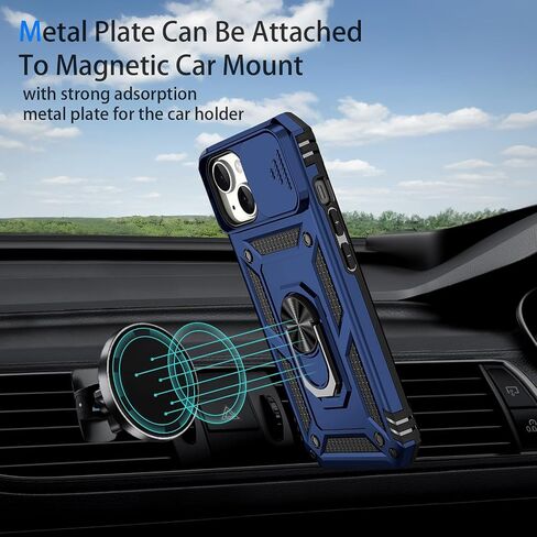 for iPhone 15 Plus Case, Slide Lens Cover, HD Screen Protector, Military Grade Drop Protection, Magnetic Rotated Ring Holder Kickstand Protective Phone Case (Navy Blue) in Saudi Arabia