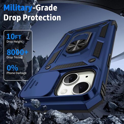 for iPhone 15 Plus Case, Slide Lens Cover, HD Screen Protector, Military Grade Drop Protection, Magnetic Rotated Ring Holder Kickstand Protective Phone Case (Navy Blue) in Saudi Arabia