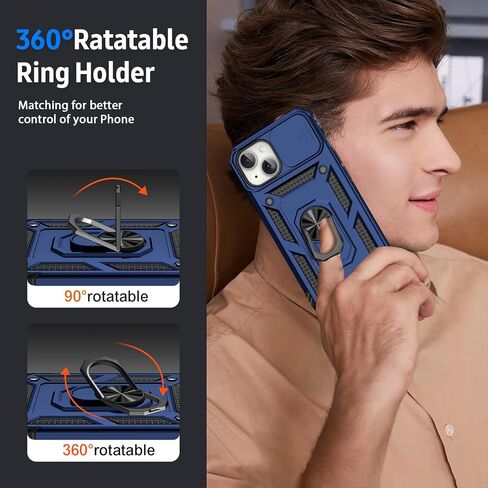 for iPhone 15 Plus Case, Slide Lens Cover, HD Screen Protector, Military Grade Drop Protection, Magnetic Rotated Ring Holder Kickstand Protective Phone Case (Navy Blue) in Saudi Arabia