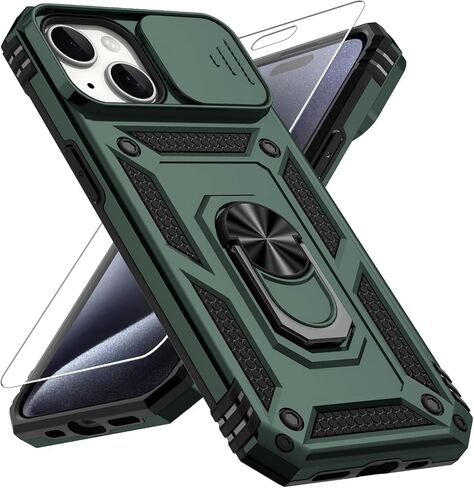 for iPhone 15 Plus Case, Slide Lens Cover, HD Screen Protector, Military Grade Drop Protection, Magnetic Rotated Ring Holder Kickstand Protective Phone Case (Navy Blue) in Saudi Arabia