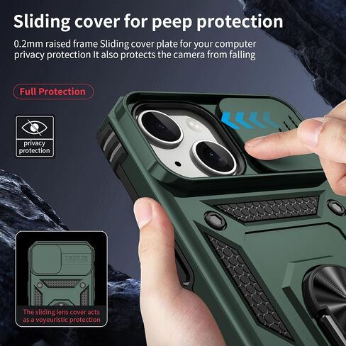 for iPhone 15 Plus Case, Slide Lens Cover, HD Screen Protector, Military Grade Drop Protection, Magnetic Rotated Ring Holder Kickstand Protective Phone Case (Navy Blue) in Saudi Arabia