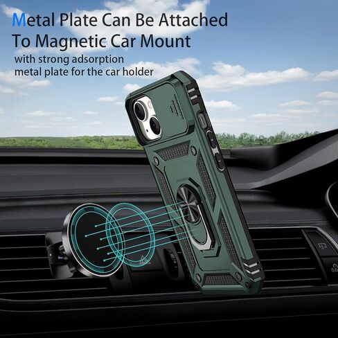for iPhone 15 Plus Case, Slide Lens Cover, HD Screen Protector, Military Grade Drop Protection, Magnetic Rotated Ring Holder Kickstand Protective Phone Case (Navy Blue) in Saudi Arabia
