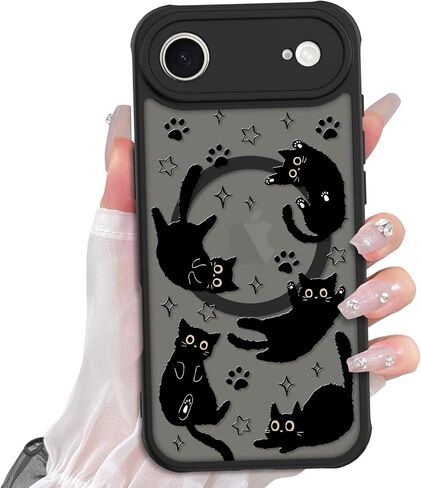 حالة لطيفة لـ iPhone 14 Case with Stand [متوافق مع Magsafe] Kawaii Black Cat & Floral & Butterflies Pattern Design 360 غطاء هاتف مغناطيسي للنساء للبنات الفتيات in Kuwait