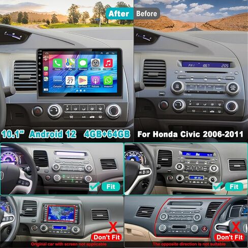 4G+32G CAR Radio لـ Honda Civic 2006-2011 (بدون مكبر صوت) ، 10 بوصة IPS شاشة اللمس أندرويد 13 سيارات دعم Carplay Carplay/Android Auto/Back-Up Camera/Bluetooth/Voice Control/GP/FM Radio in Kuwait