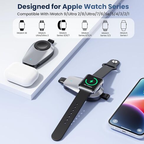 Mini Portable Wireless Charger لـ Apple Watch ، بنك طوارئ سفر Keychain 1600mAh لأجهزة iPhone ، شاحن iWatch المغناطيسي المدمج ، لـ IWatch 9/8/UITRA/7/6/SE/5/4/3 & iPhone 5-13/14 Series (أسود) in Saudi Arabia