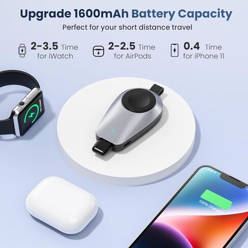 Mini Portable Wireless Charger for Apple Watch,1600mAh Keychain Travel Emergency Power Bank for iPhone,Compact Magnetic iWatch Charger,for iWatch 9/8/UItra/7/6/SE/5/4/3&iPhone 5-13/14 Series(Black) in Kuwait