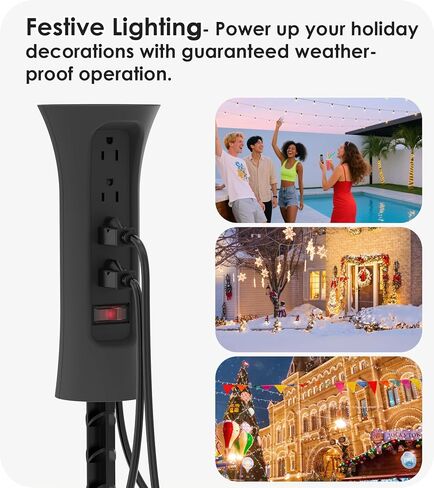 CCCEI Outdoor Power Strip مقاومة للطقس مع حصة ، سلك التمديد المقاوم للماء مع منافذ متعددة ، ديكور حديقة خارج عيد الميلاد ، ساحة ، التخييم ، 4 المقابس ، واقي زيادة 25 قدمًا ، أسود. in Kuwait